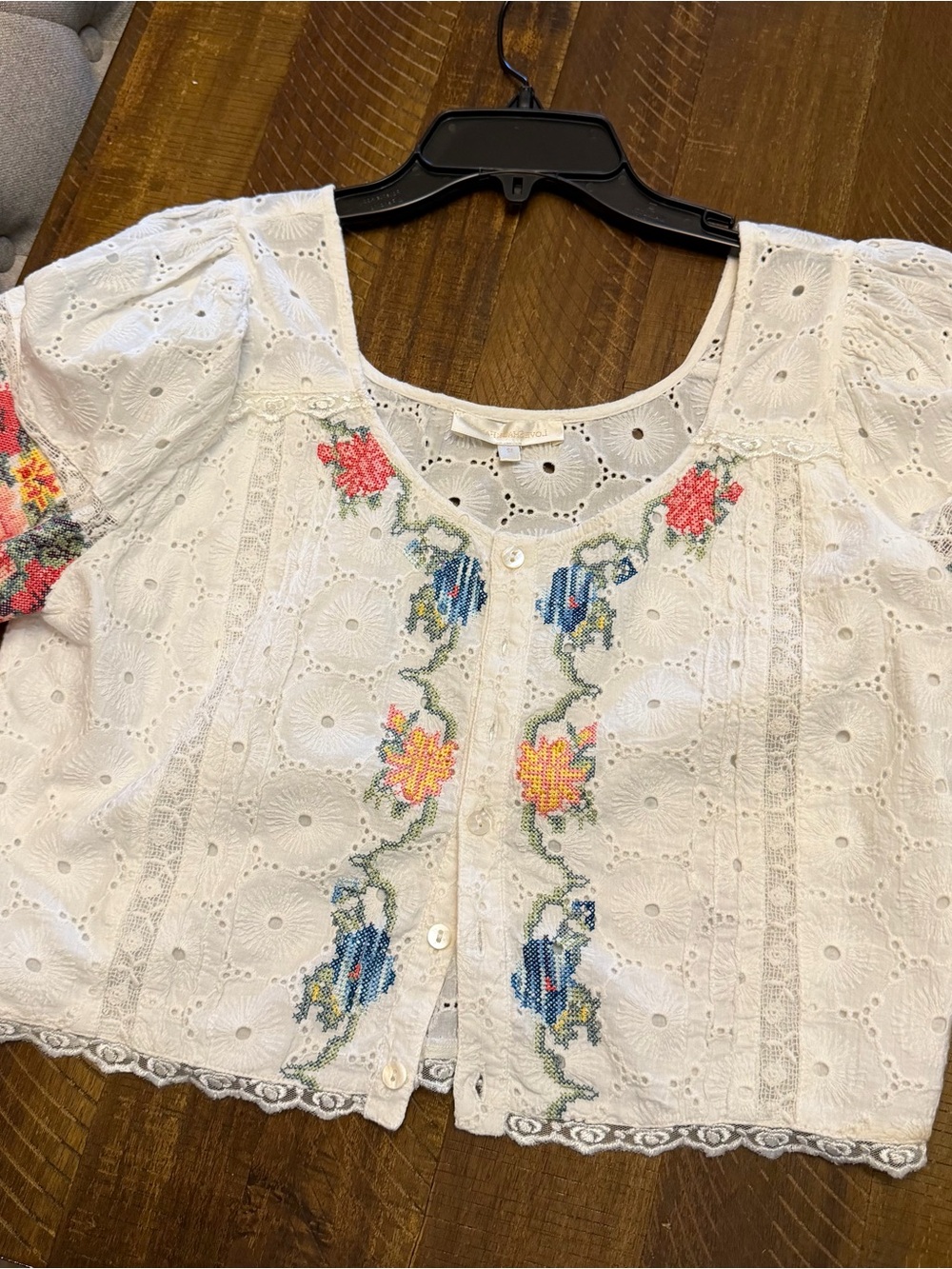 LoveShackFancy Embroidered White Eyelet Cotton Button-Front Top and skirt